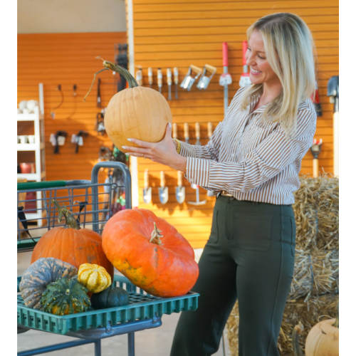 Woman in striped shirt holding a large orange pumpkin near a market cart with fall decor items.