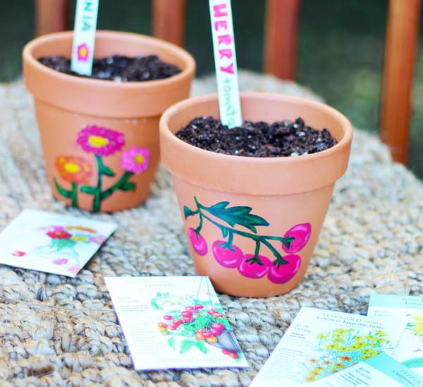 Two painted clay pots with seeds of edible plants