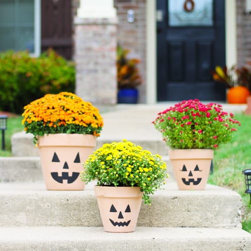 jack o lantern planters with mums